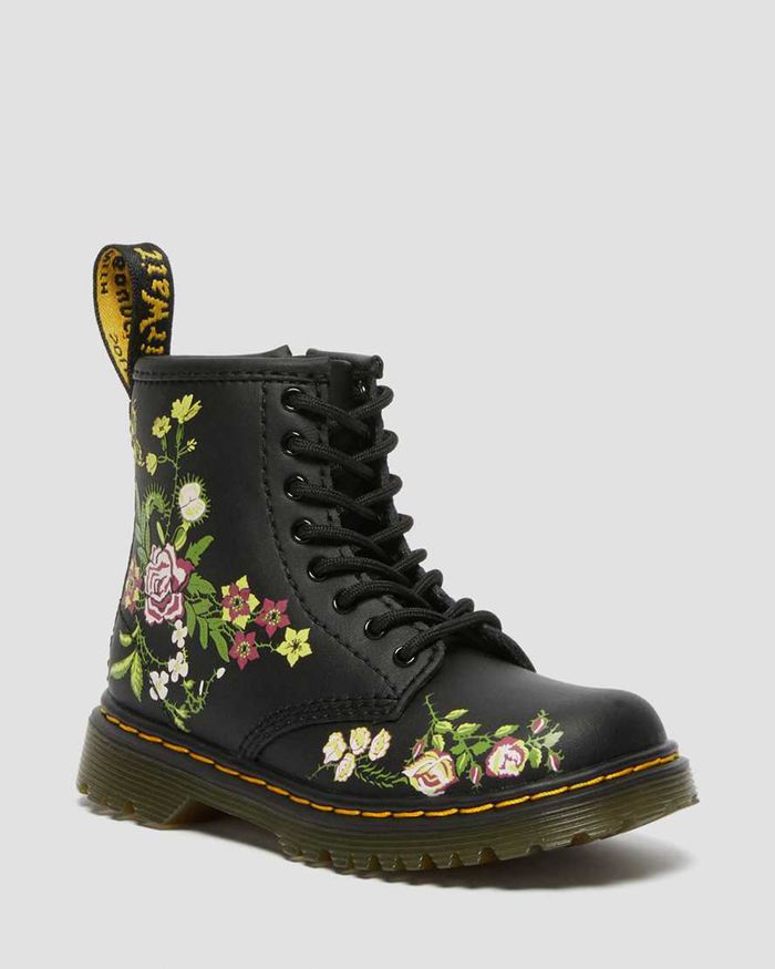 Dr Martens Støvler Barn Svart Toddler 1460 Floral Læder Lace Up 9012OHAFD